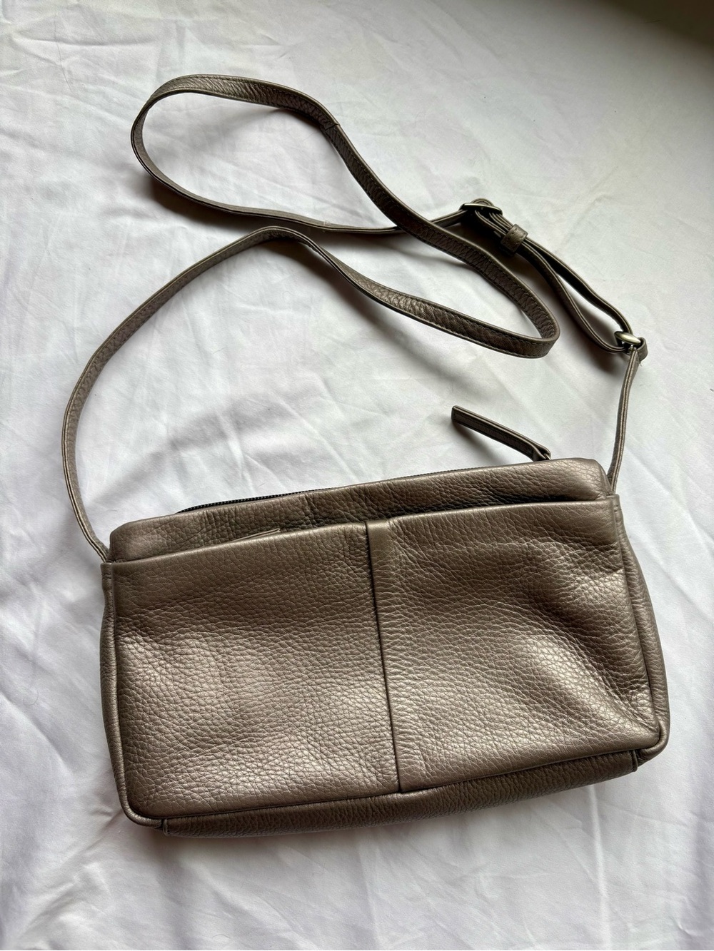 Pebbled Leather Derek Alexander Crossbody Bag in Pewter